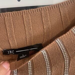 Brown Ribbed Sweater with Rhinestone Accents